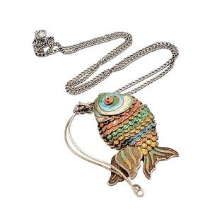 Vintage Chinese Export Sterling Gilt And Enamel Articulating Fish Necklace A2617